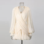 White/Apricot Draped Mini Dress Women's V-Neck Puff Sleeve Bubble Hem - Styeenigma