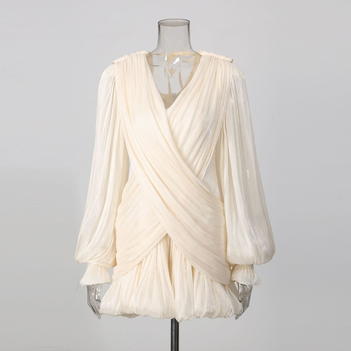 White/Apricot Draped Mini Dress Women's V-Neck Puff Sleeve Bubble Hem - Styeenigma