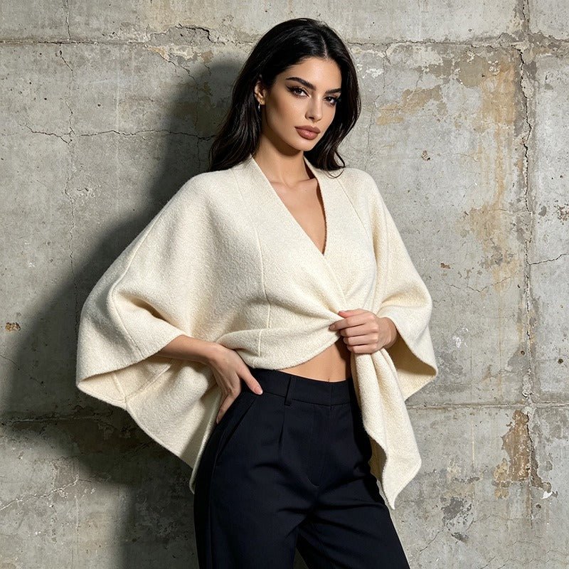 White Knit Twist Front Shawl Wrap | Women’s Cape Poncho Top - Styeenigma