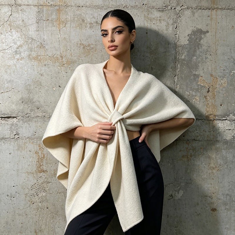 White Knit Twist Front Shawl Wrap | Women’s Cape Poncho Top - Styeenigma