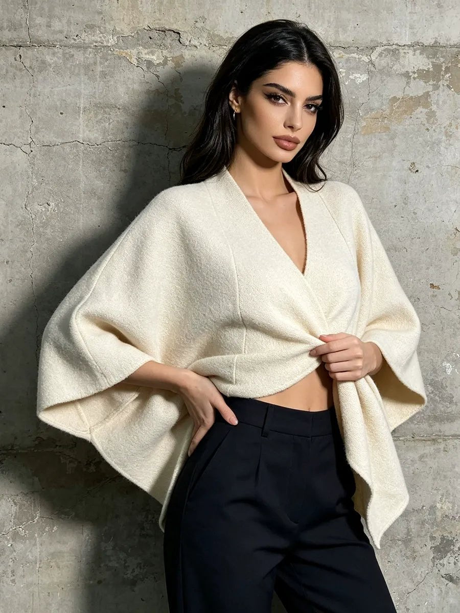 White Knit Twist Front Shawl Wrap | Women’s Cape Poncho Top - Styeenigma