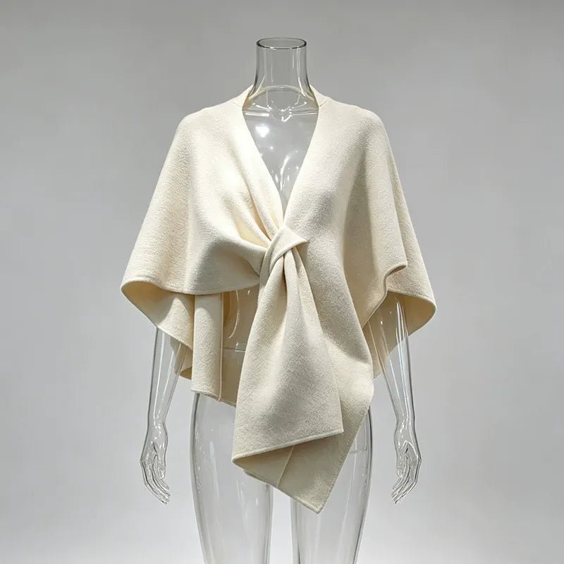 White Knit Twist Front Shawl Wrap | Women’s Cape Poncho Top - Styeenigma