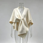 White Knit Twist Front Shawl Wrap | Women’s Cape Poncho Top - Styeenigma