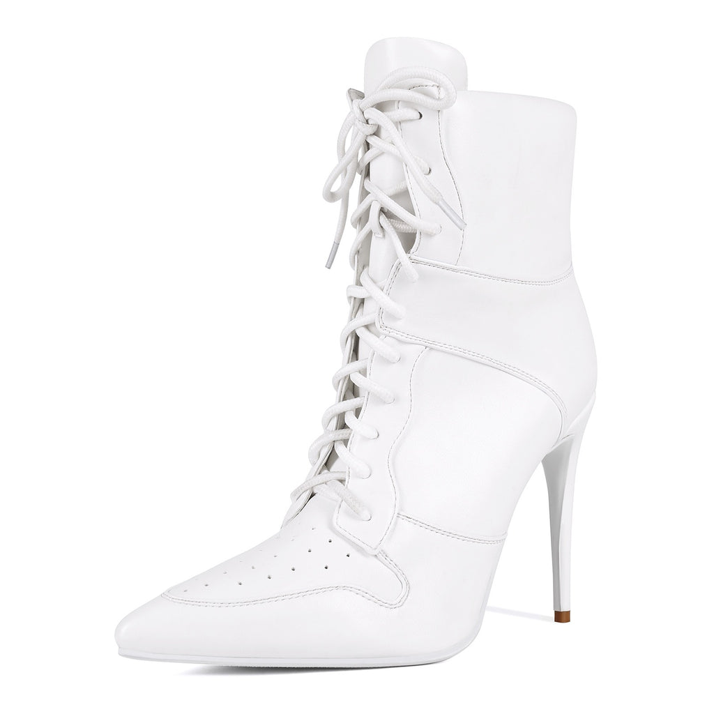 White Lace Up Stiletto Heel Boots - Pointed Toe Punk Ankle Boots for Women - Styeenigma