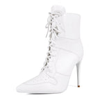White Lace Up Stiletto Heel Boots - Pointed Toe Punk Ankle Boots for Women - Styeenigma