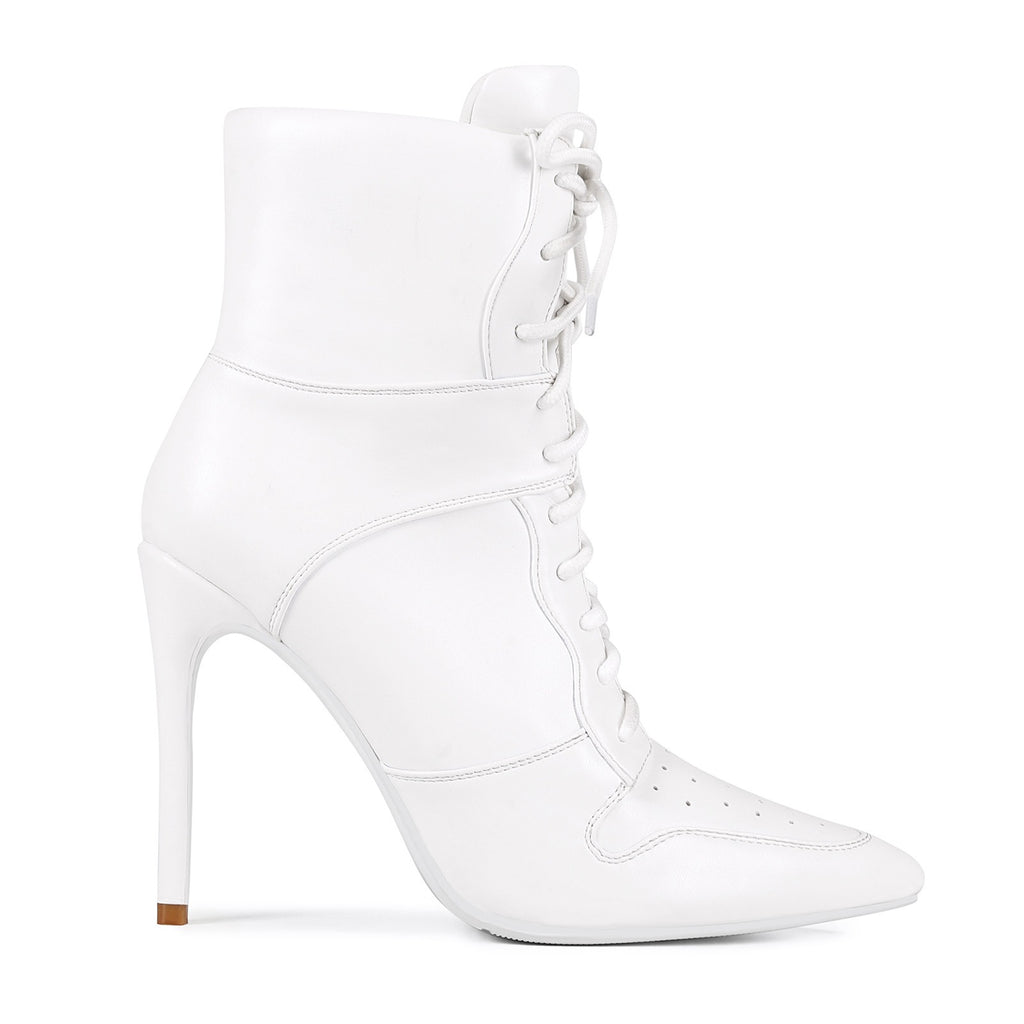 White Lace Up Stiletto Heel Boots - Pointed Toe Punk Ankle Boots for Women - Styeenigma