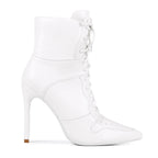 White Lace Up Stiletto Heel Boots - Pointed Toe Punk Ankle Boots for Women - Styeenigma