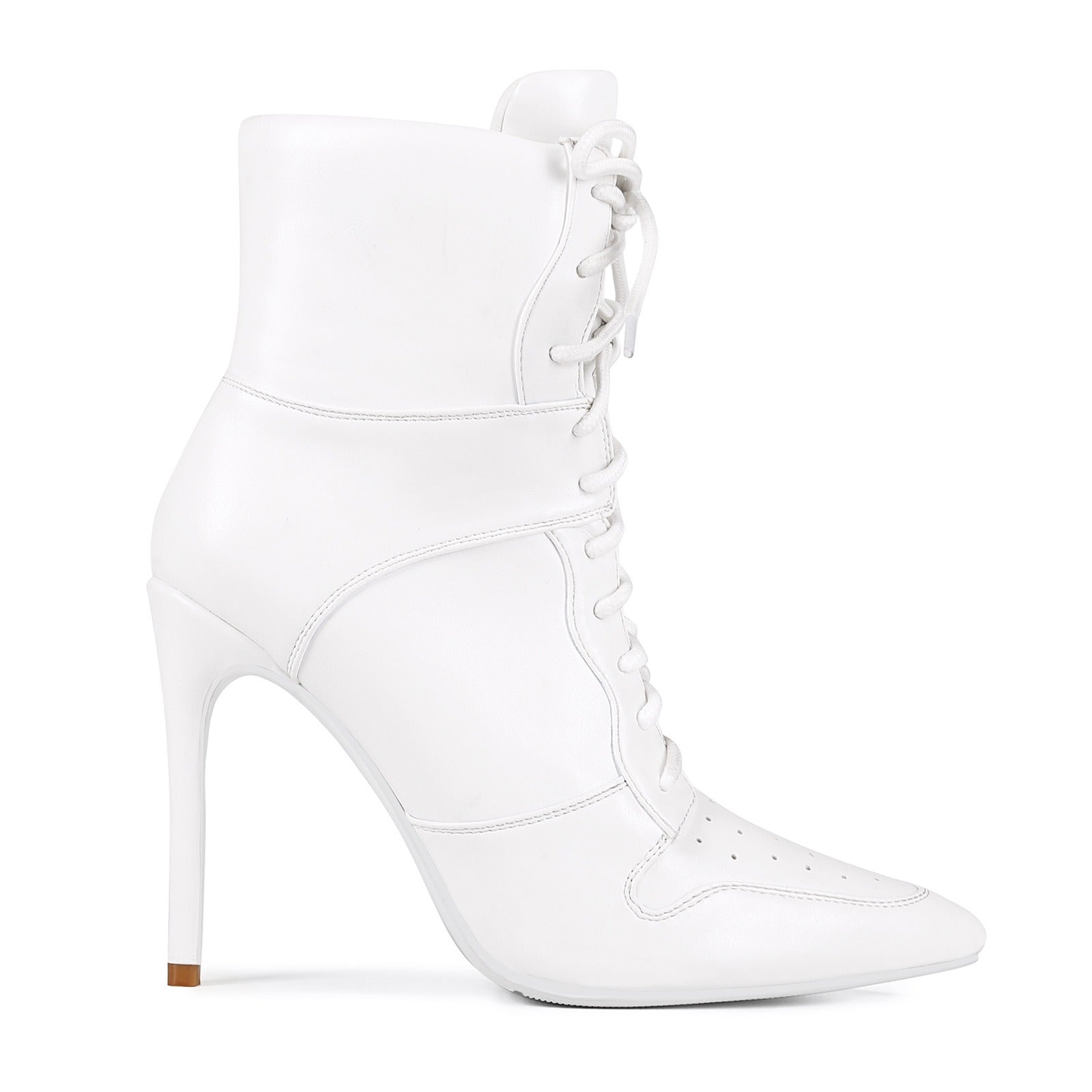 White Lace Up Stiletto Heel Boots - Pointed Toe Punk Ankle Boots for Women - Styeenigma