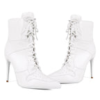 White Lace Up Stiletto Heel Boots - Pointed Toe Punk Ankle Boots for Women - Styeenigma