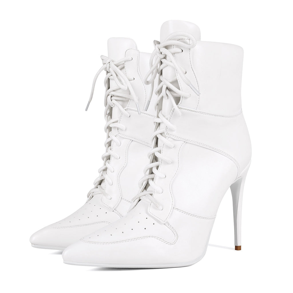 White Lace Up Stiletto Heel Boots - Pointed Toe Punk Ankle Boots for Women - Styeenigma