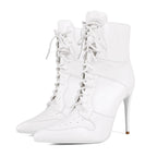 White Lace Up Stiletto Heel Boots - Pointed Toe Punk Ankle Boots for Women - Styeenigma