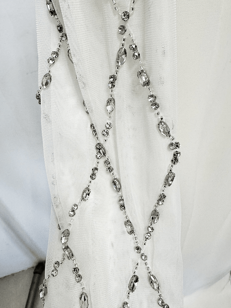 White Mesh & Rhinestone Maxi Dress | Long Sleeve Illusion Neckline Formal Gown for Wedding Guest - Styeenigma