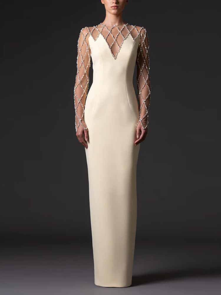 White Mesh & Rhinestone Maxi Dress | Long Sleeve Illusion Neckline Formal Gown for Wedding Guest - Styeenigma