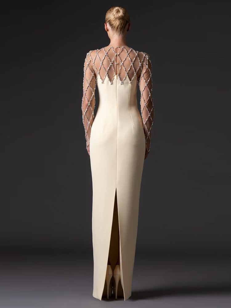 White Mesh & Rhinestone Maxi Dress | Long Sleeve Illusion Neckline Formal Gown for Wedding Guest - Styeenigma