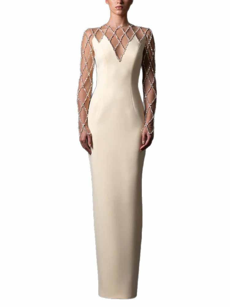 White Mesh & Rhinestone Maxi Dress | Long Sleeve Illusion Neckline Formal Gown for Wedding Guest - Styeenigma