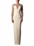 White Mesh & Rhinestone Maxi Dress | Long Sleeve Illusion Neckline Formal Gown for Wedding Guest - Styeenigma