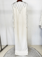 White Mesh & Rhinestone Maxi Dress | Long Sleeve Illusion Neckline Formal Gown for Wedding Guest - Styeenigma