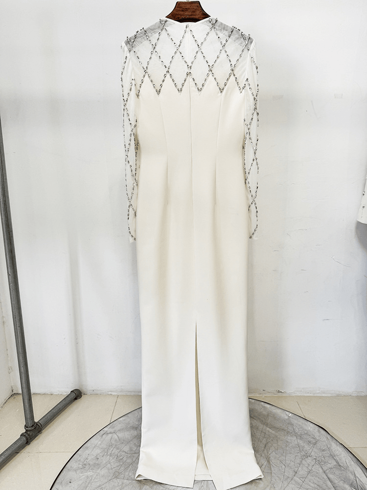 White Mesh & Rhinestone Maxi Dress | Long Sleeve Illusion Neckline Formal Gown for Wedding Guest - Styeenigma