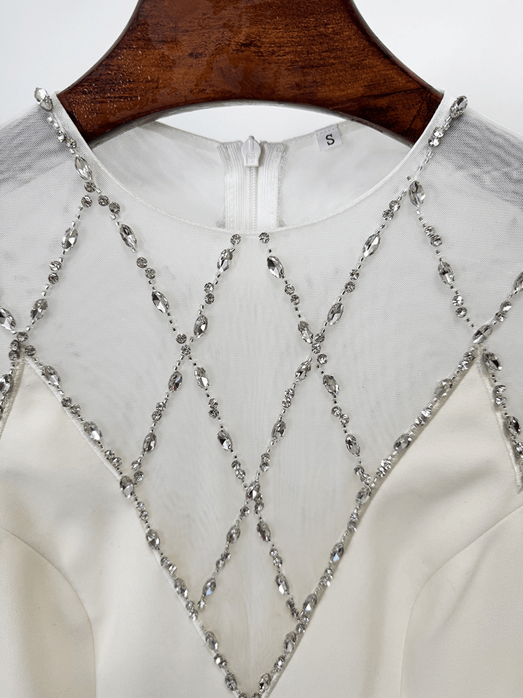 White Mesh & Rhinestone Maxi Dress | Long Sleeve Illusion Neckline Formal Gown for Wedding Guest - Styeenigma