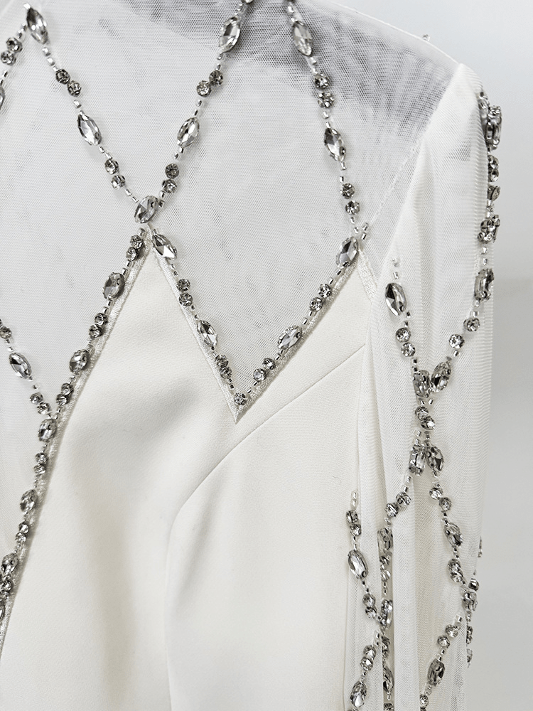 White Mesh & Rhinestone Maxi Dress | Long Sleeve Illusion Neckline Formal Gown for Wedding Guest - Styeenigma