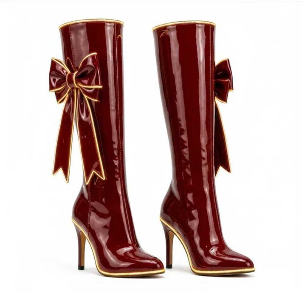 Wine Red Bow Knee High Boots Faux Leather Stiletto Heel Bootie - Styeenigma
