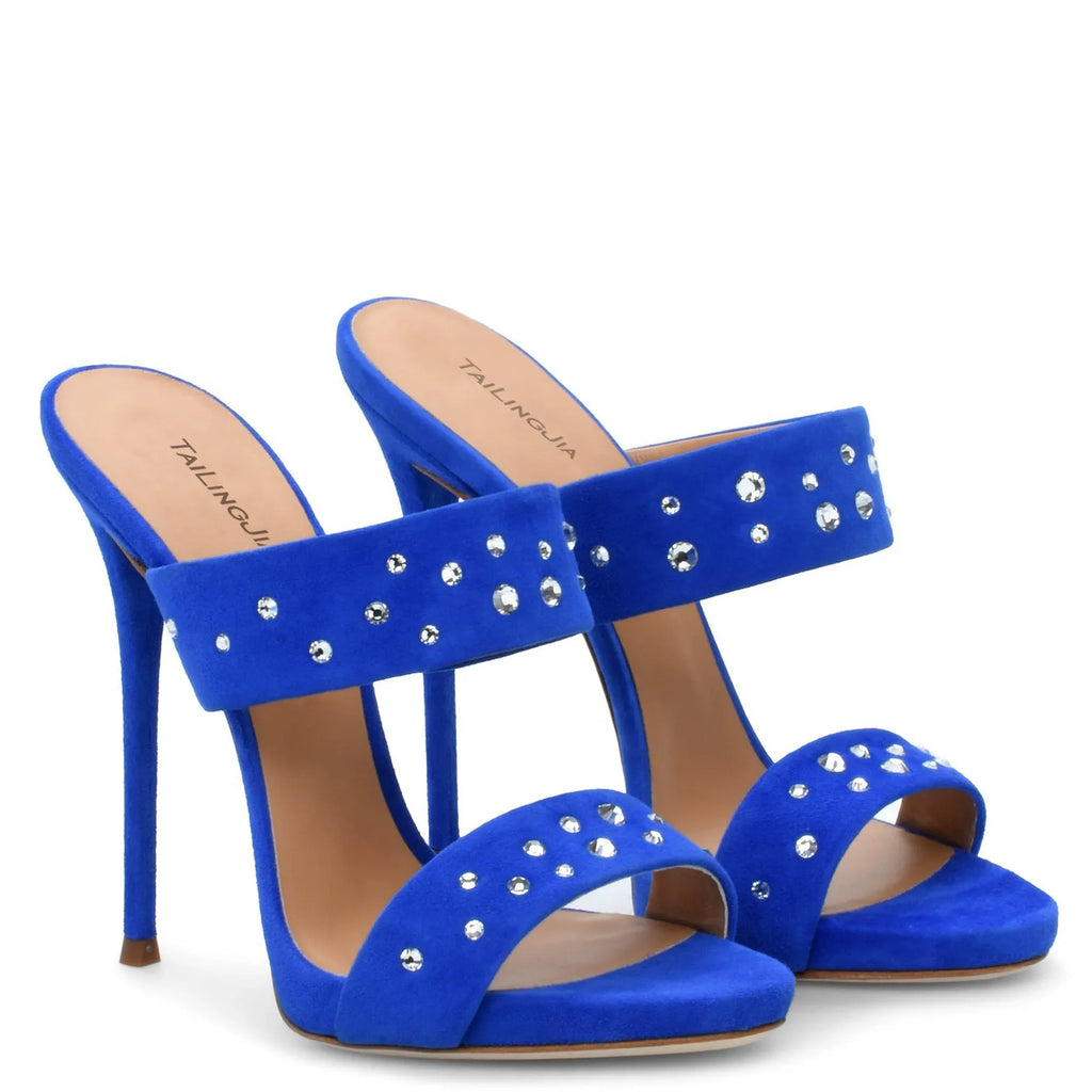 Suede Two-Strap Mules for Women Crystal Stiletto Slip-On Sandals