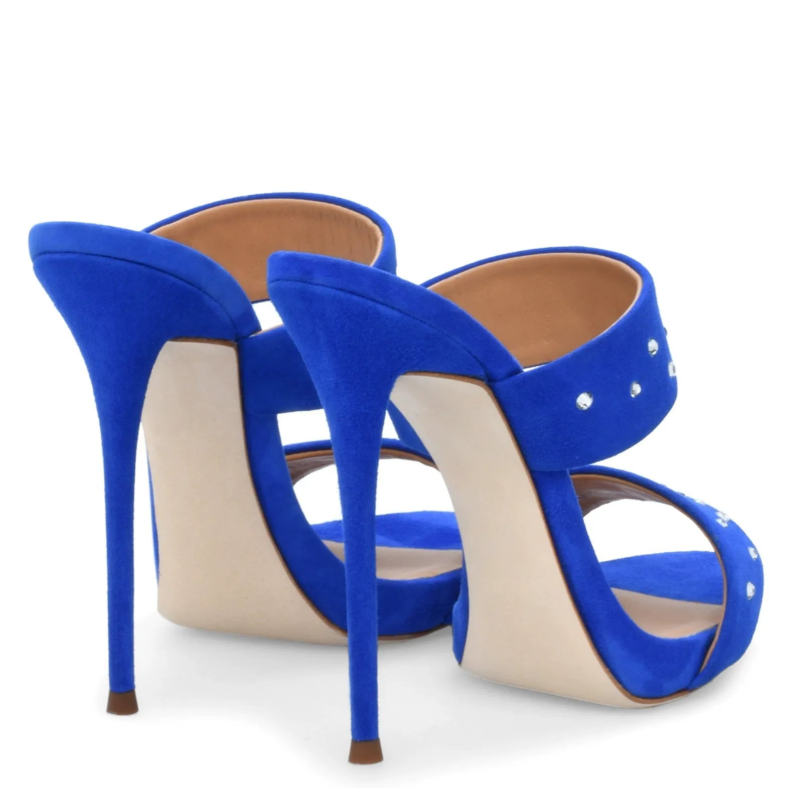 Suede Two-Strap Mules for Women Crystal Stiletto Slip-On Sandals