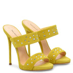 Suede Two-Strap Mules for Women Crystal Stiletto Slip-On Sandals