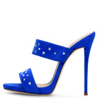 Suede Two-Strap Mules for Women Crystal Stiletto Slip-On Sandals