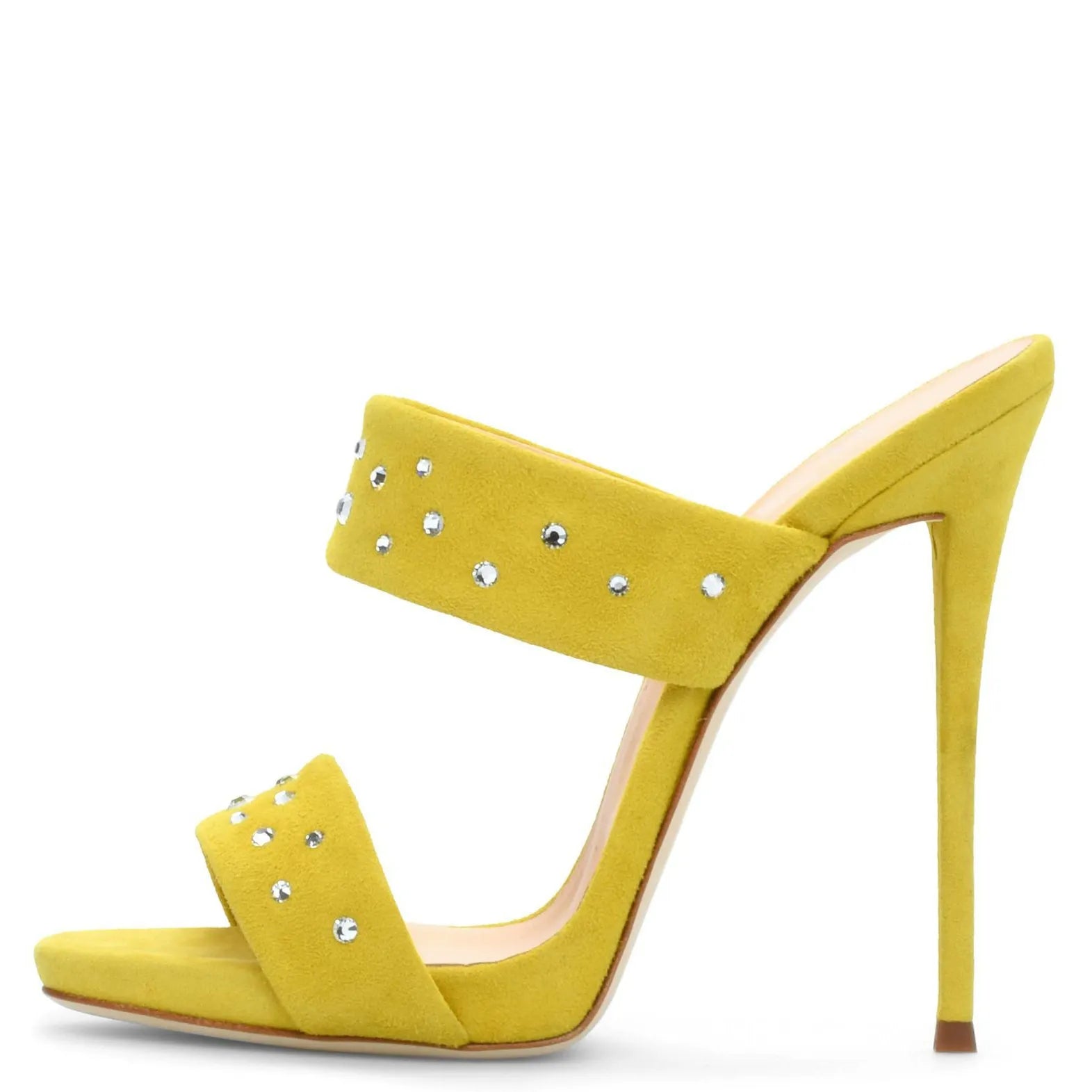Suede Two-Strap Mules for Women Crystal Stiletto Slip-On Sandals - Styeenigma