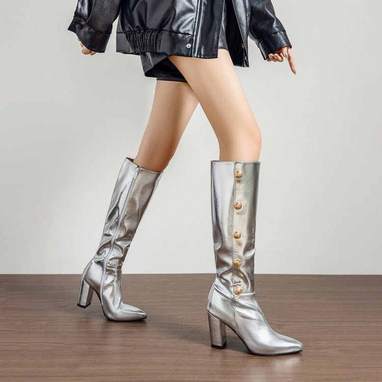 Women Metallic Button Knee High Boots Chunky Heel Faux Leather Boots Gold/Silver - Styeenigma