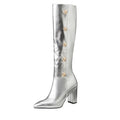 Women Metallic Button Knee High Boots Chunky Heel Faux Leather Boots Gold/Silver - Styeenigma