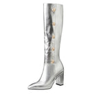 Women Metallic Button Knee High Boots Chunky Heel Faux Leather Boots Gold/Silver - Styeenigma