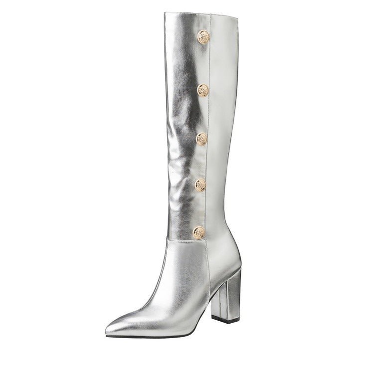 Women Metallic Button Knee High Boots Chunky Heel Faux Leather Boots Gold/Silver - Styeenigma