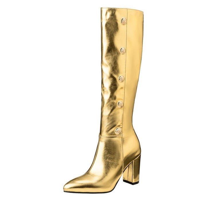 Women Metallic Button Knee High Boots Chunky Heel Faux Leather Boots Gold/Silver - Styeenigma