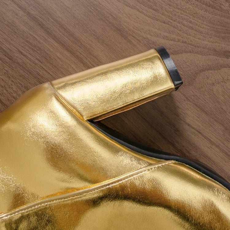 Women Metallic Button Knee High Boots Chunky Heel Faux Leather Boots Gold/Silver - Styeenigma