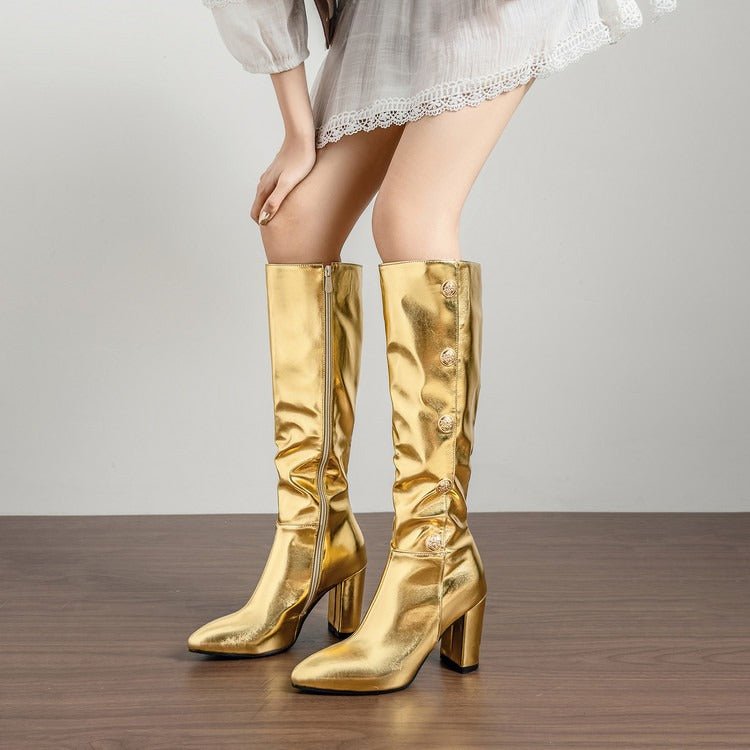 Women Metallic Button Knee High Boots Chunky Heel Faux Leather Boots Gold/Silver - Styeenigma