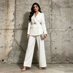 Women’s Belted Blazer Pant Suit | Double Breasted Wide Leg Trouser Set - Styeenigma