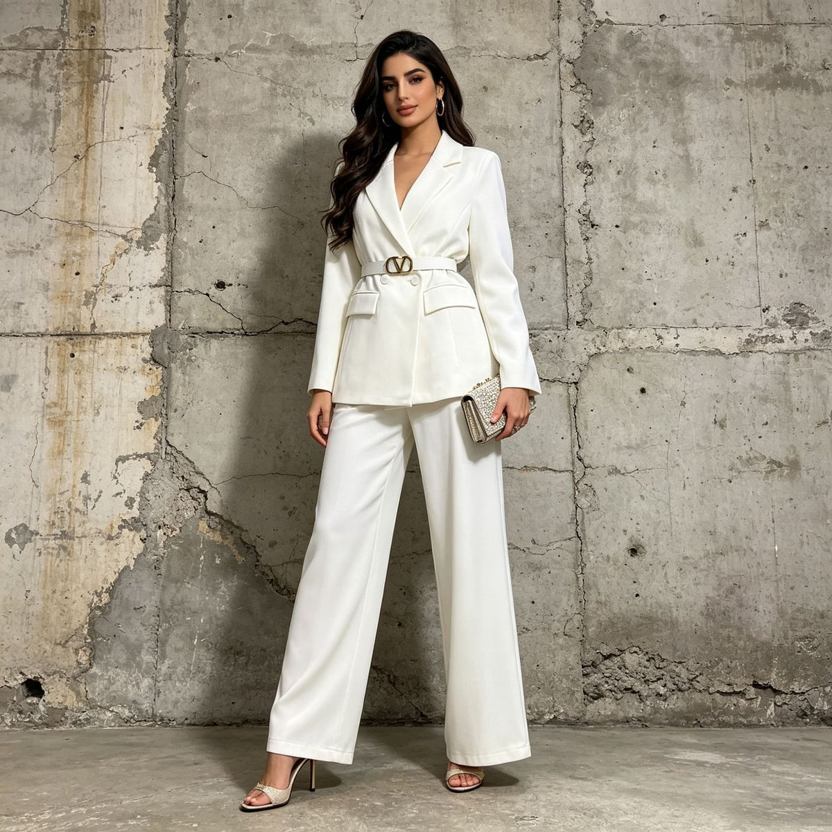 Women’s Belted Blazer Pant Suit | Double Breasted Wide Leg Trouser Set - Styeenigma