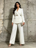 Women’s Belted Blazer Pant Suit | Double Breasted Wide Leg Trouser Set - Styeenigma