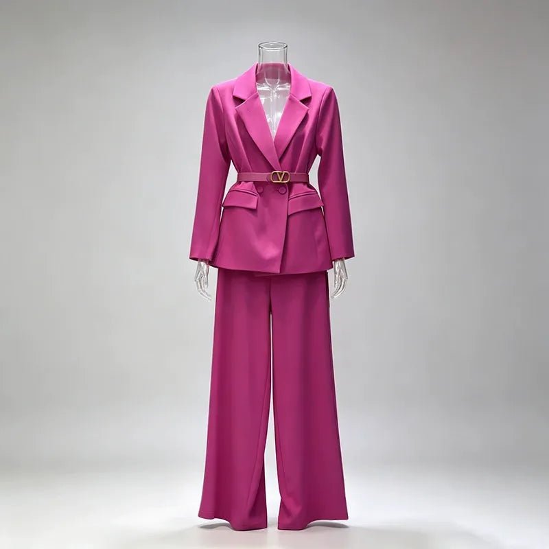 Women’s Belted Blazer Pant Suit | Double Breasted Wide Leg Trouser Set - Styeenigma