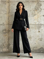 Women’s Belted Blazer Pant Suit | Double Breasted Wide Leg Trouser Set - Styeenigma