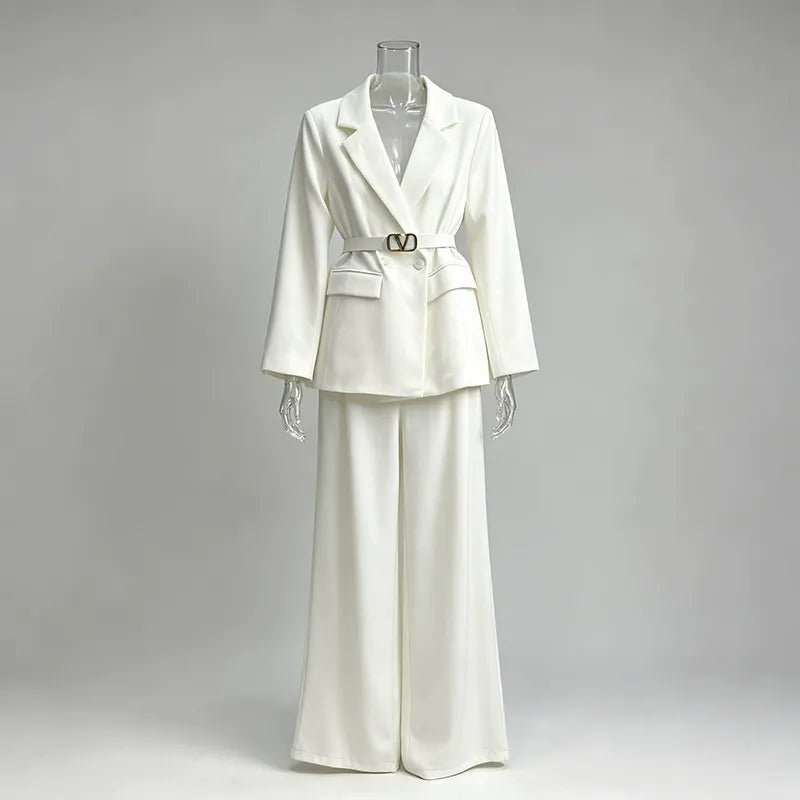 Women’s Belted Blazer Pant Suit | Double Breasted Wide Leg Trouser Set - Styeenigma