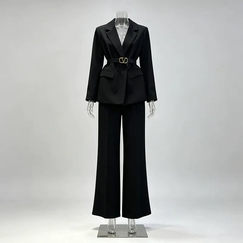 Women’s Belted Blazer Pant Suit | Double Breasted Wide Leg Trouser Set - Styeenigma