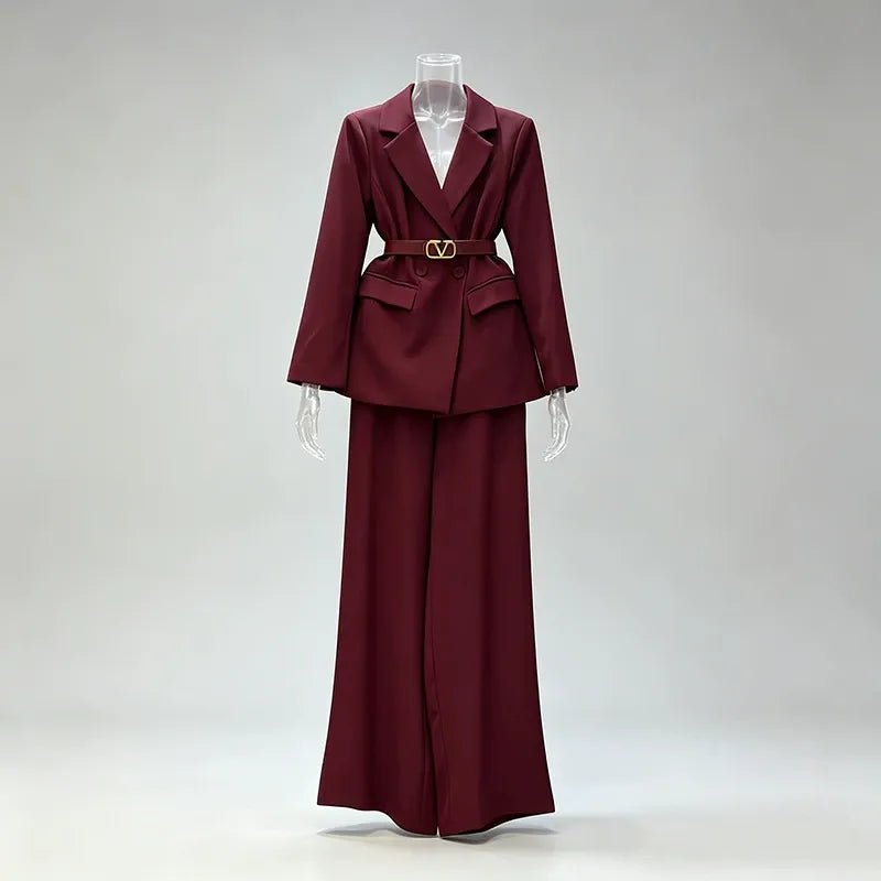 Women’s Belted Blazer Pant Suit | Double Breasted Wide Leg Trouser Set - Styeenigma