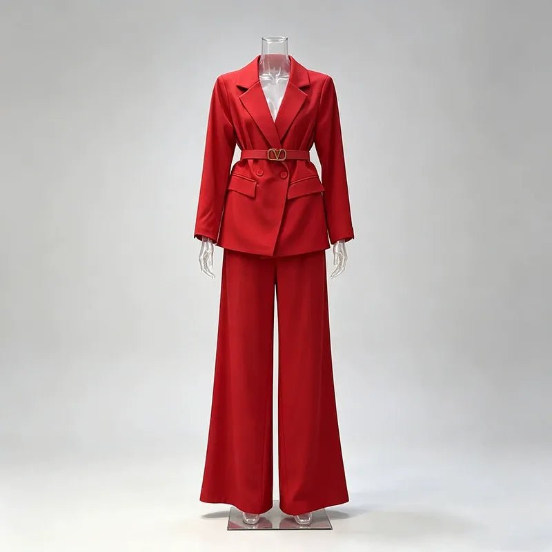Women’s Belted Blazer Pant Suit | Double Breasted Wide Leg Trouser Set - Styeenigma