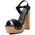 Women's Black Faux Leather Platform Heels Chunky Block High Heels Sandals - Styeenigma
