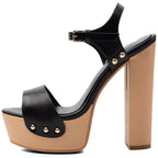 Women's Black Faux Leather Platform Heels Chunky Block High Heels Sandals - Styeenigma