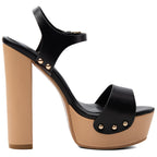 Women's Black Faux Leather Platform Heels Chunky Block High Heels Sandals - Styeenigma