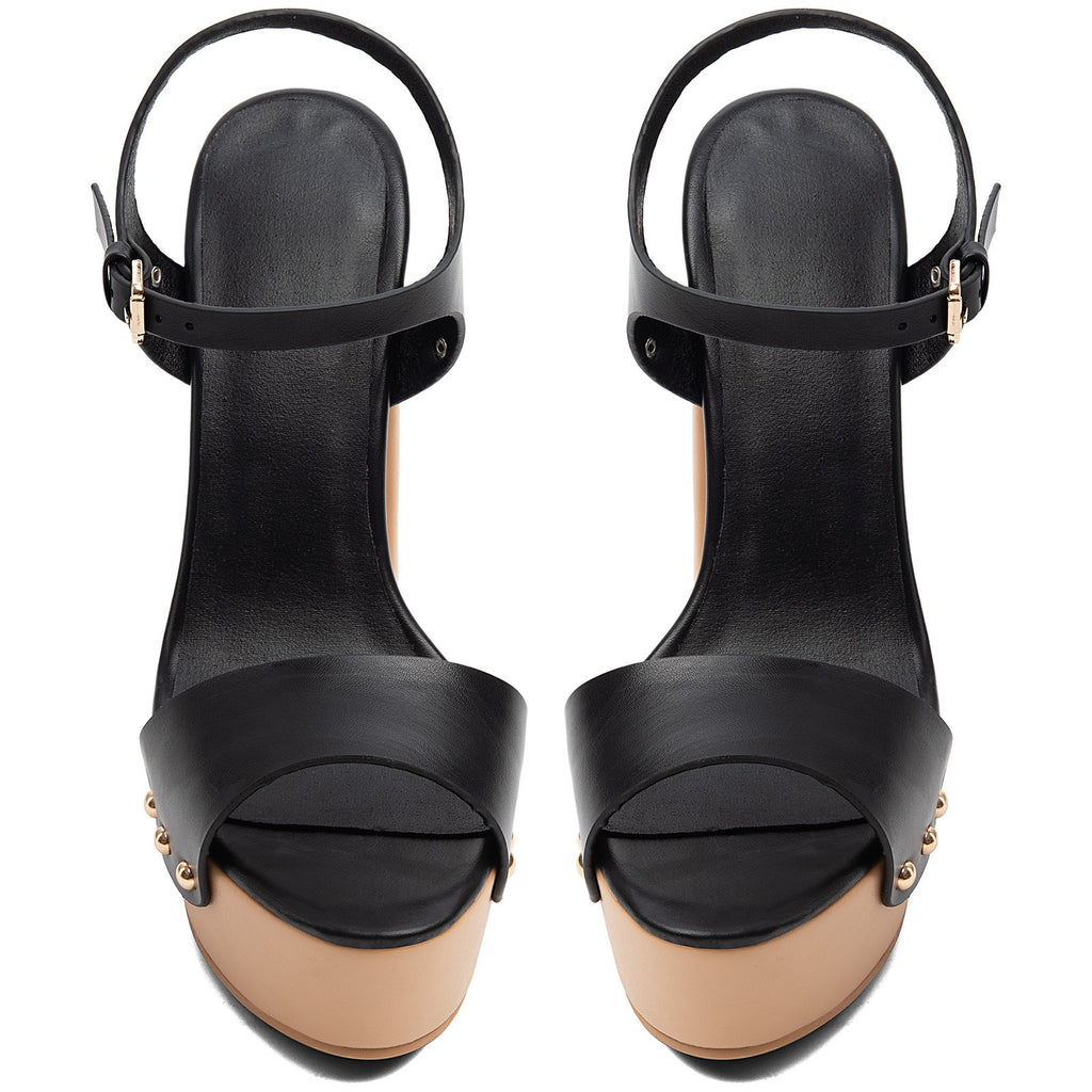 Women's Black Faux Leather Platform Heels Chunky Block High Heels Sandals - Styeenigma